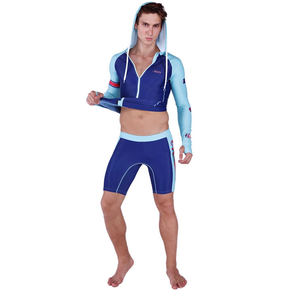 SABOLAY Mannen elasticiteit Rash Guard Pak UV Bescherming Lange Mouwen hooded Windsurf Surfen Tops Korte broek Swimwear