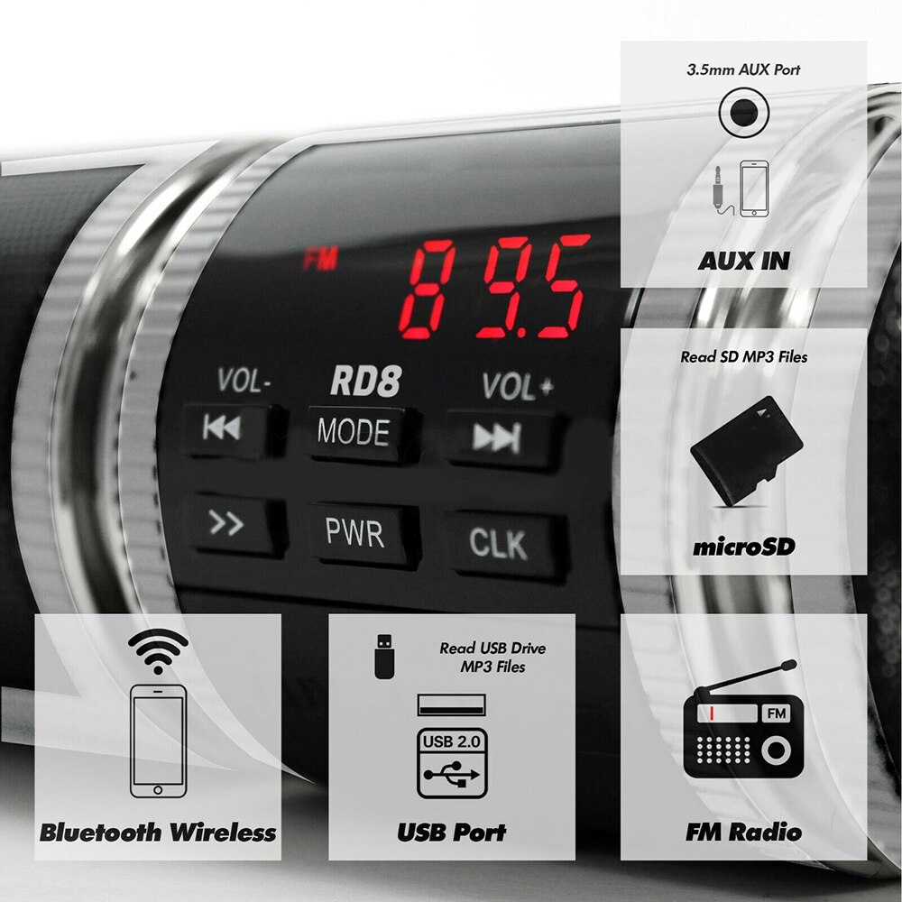 Bluetooth Music Player Stereo Speaker FM Radio Handlebar Metal Aluminum