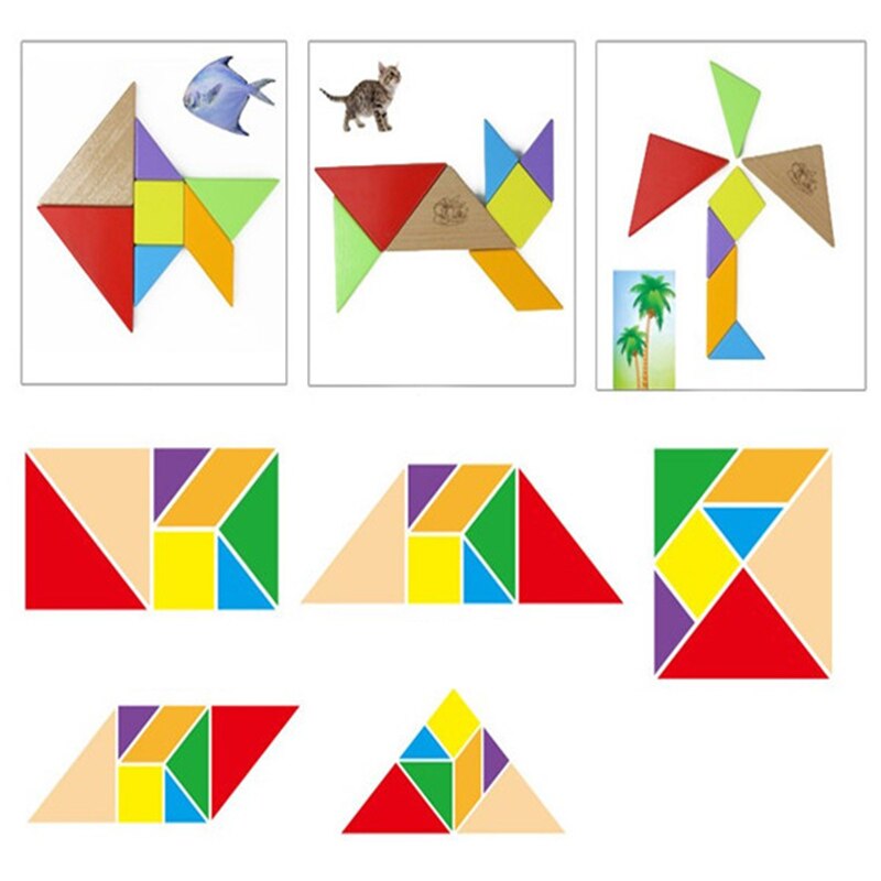 Træ tangram 7 stykke puslespil farverigt firkantet iq spil hjerne teaser intelligent form farve pædagogisk legetøj til børn