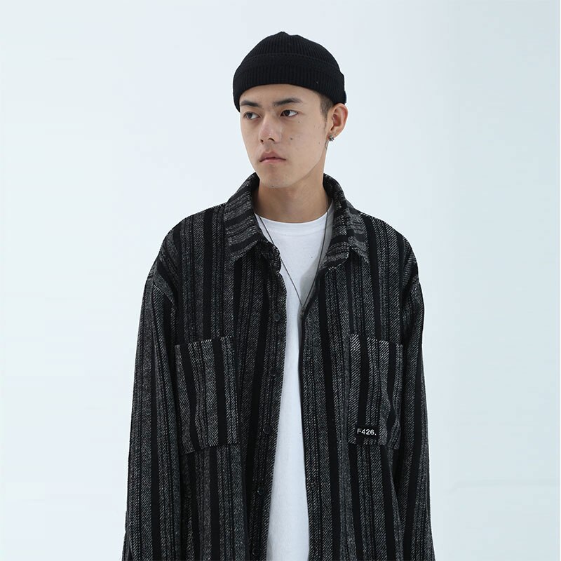 F426 Oversize Stripe thick Shirts Men Long Sleeve Streetwear camisa masculina Men's Shirt Hip Hop Cotton Men Fashions