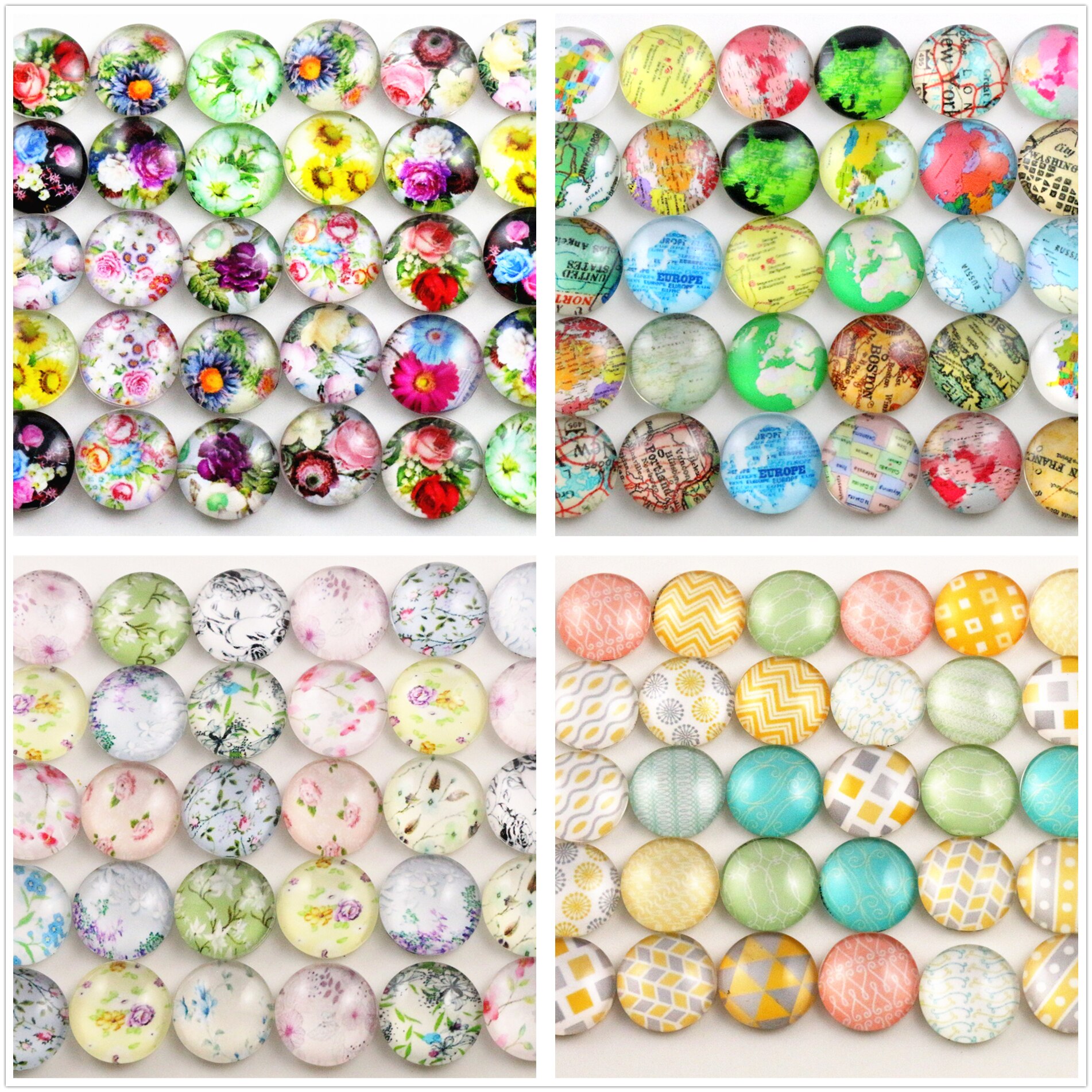 50pcs 12mm Mixed Flower Word Map Handmade Photo Glass Cabochons Pattern Domed Jewelry Accessories Supplie