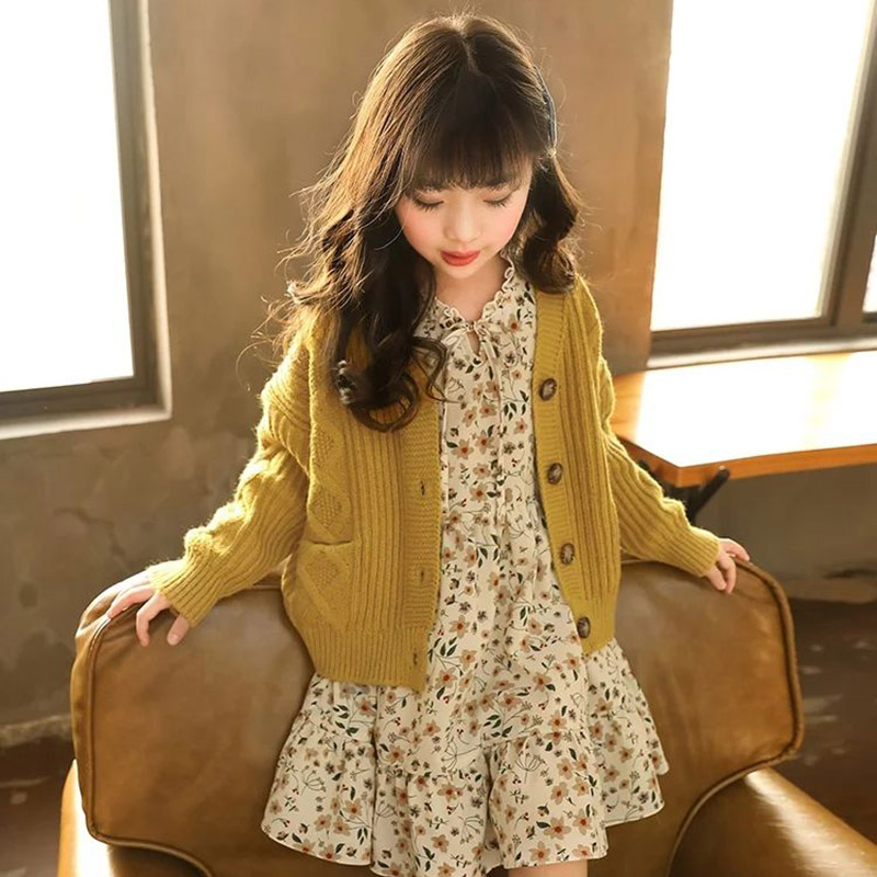 Suéter infantil liso outono inverno, casaco de lã tricotado para meninas roupas cor amarelo para crianças: 5 T