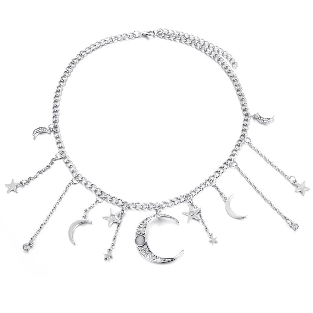 Vrouwen Bling Zirconia Kerstcadeau Moon Star Charm Chocker Choker Statement Ketting Ketting: Silver Necklace