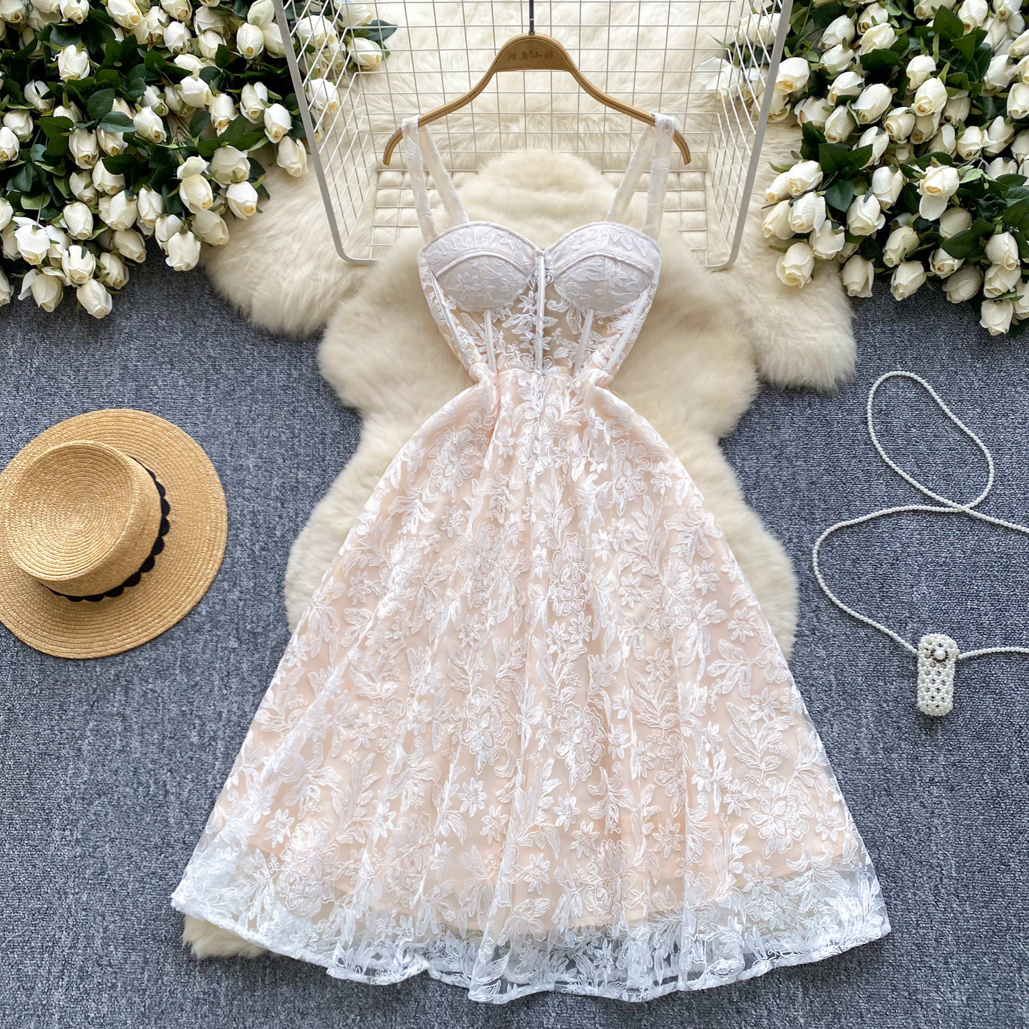 Broderet feriekjole slank dame aftenkjole fairycore sommerceremoni kjoler: Xxl / Beige