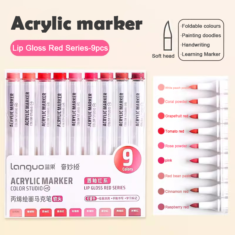 Languo-marcador de pintura acrílica de 9 colores, cabezal Flexible, colores brillantes para garabatos, dibujar, escribir a mano, suministros de arte, papelería: Azul