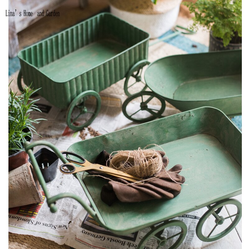 hand made antique retro green metal flower cart planters