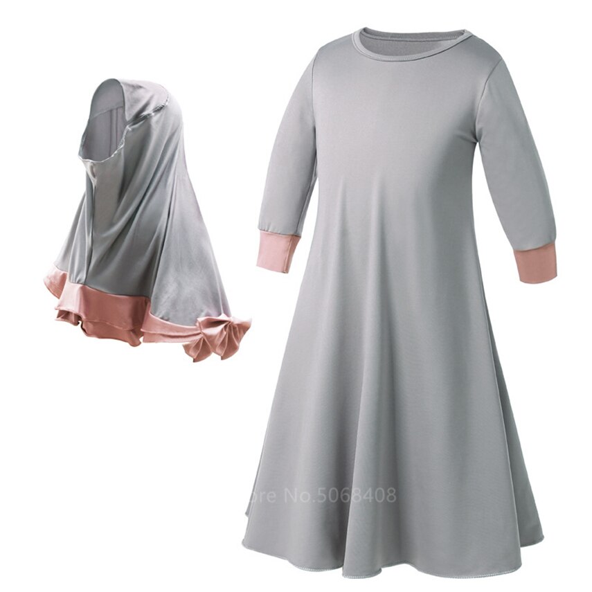 Moslim Traditionele Kleding Islamitische Gewaad Kids Baby Meisjes Rijker Saudi Arabische Dubai Effen Abaya Kaftan Met Ruche Boog Hijab Jurk