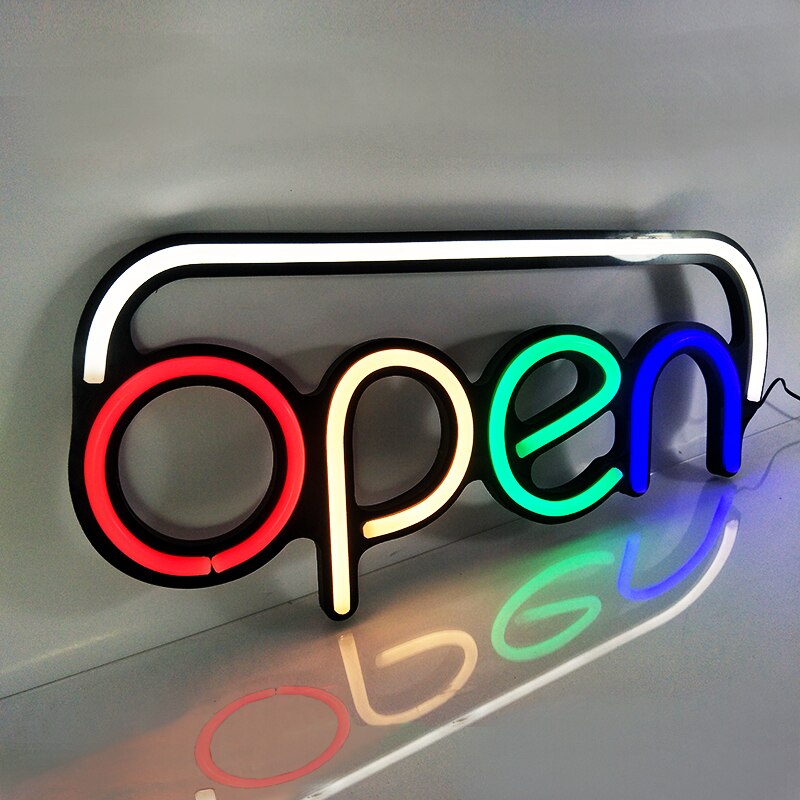 Letreros abiertos de neón para tienda de negocios, letreros de estilo abierto con 4 letras de color y blanco/flahing LED de borde, , 5 uds./cartón
