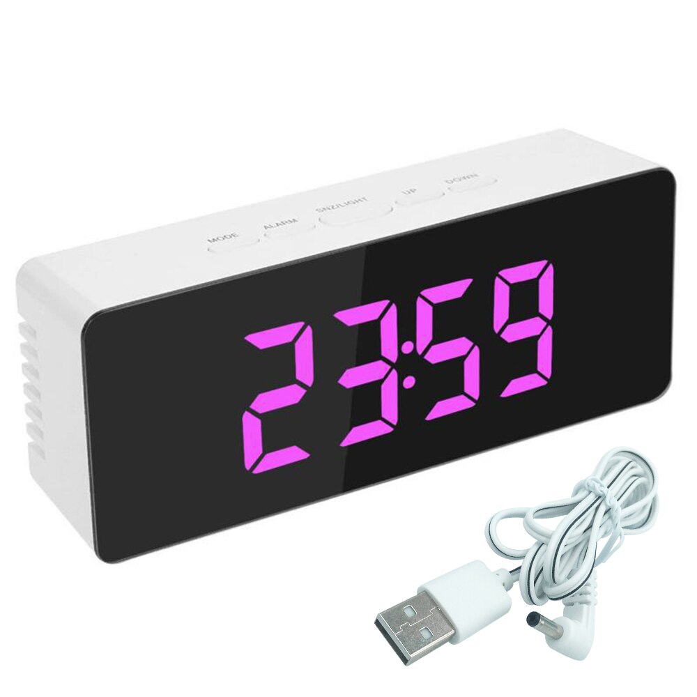 Alarm Clock LED Digital Clock Multifunction Mirror Snooze Display Time Night LCD Table Light Office USB Cable Digital Clock: USB Pink