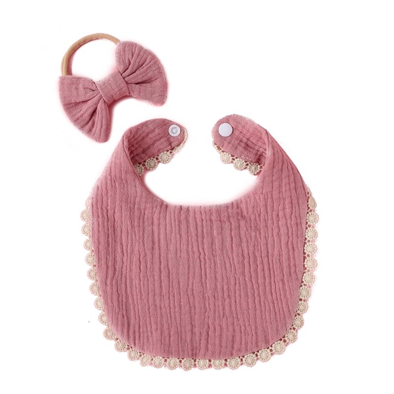 2 Stks/set Baby Meisjes Elastic Bow Hoofdband Speeksel Handdoek Set Prinses Strik Haarband Bib Kit Burp Doek Hoofddeksels Douche