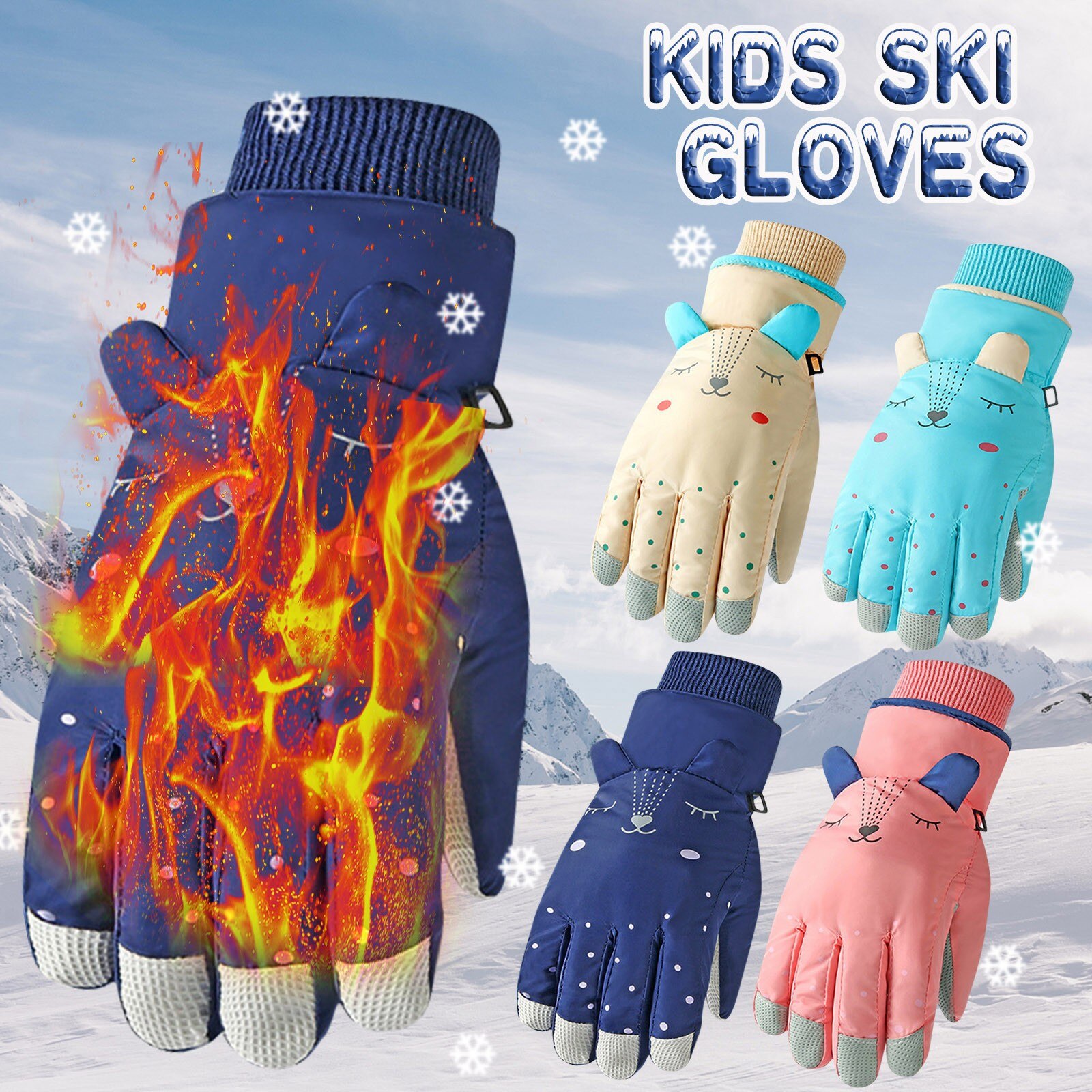 Children Ski Gloves Winter Warm Gloves Boys Girls Waterproof Windproof Non-slip Snow Mittens Snowboard Extended Wrist Gloves