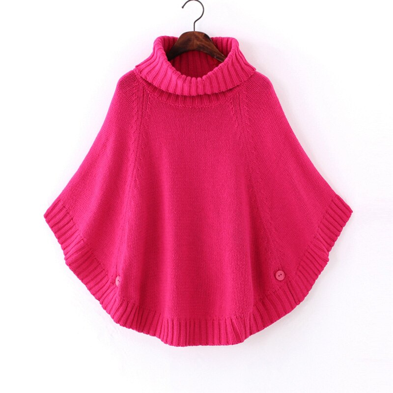 Kvinders kapper og ponchoer kvinder sjal kappe frakke bat ærme turtleneck sweater efterår og vinter kappe plus størrelse: Rosenrød