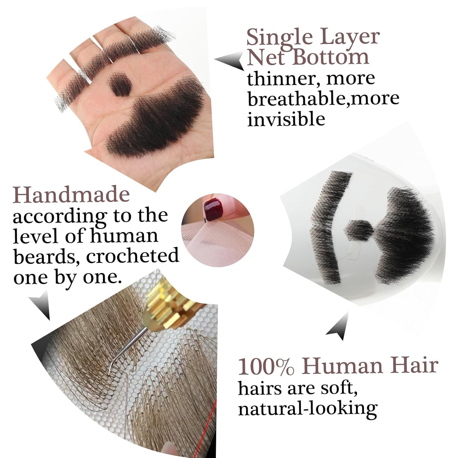 Fantasia de cavanhaque falso, cabelo facial, barba realista, bigode com fita adesiva, cabelo humano, renda, barba para halloween, festa de natal