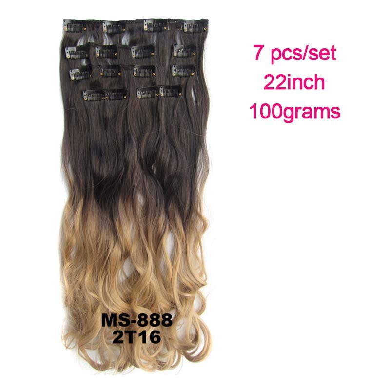 Extensiones de pelo sintético ondulado 7 unids/set, Clip de 22 pulgadas, 100g, Color negro, marrón, degradado postizo, resistente al calor: 2T16