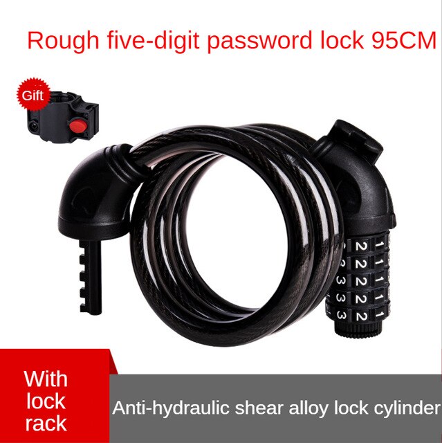 Mountain Bike Bicycle Lock Electric Stainless Steel Password Fixed Portable Anti-Theft Steel Wire Chain Lock: Rough password lock 95cm with lock rack  five digit password