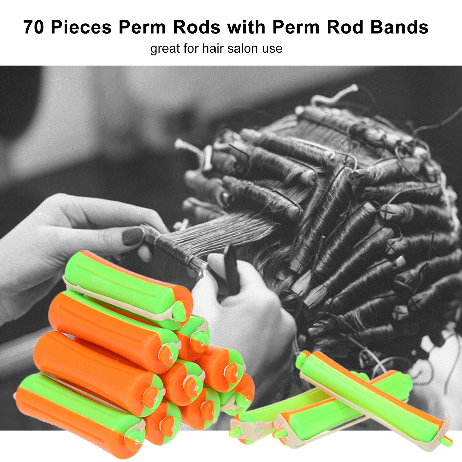 70 Pieces Perm Rods Hair Rollers with Perm Rod Bands Cold Rods Assorted Sizes Perming Curler DIY Hair Styling Beauty Tools