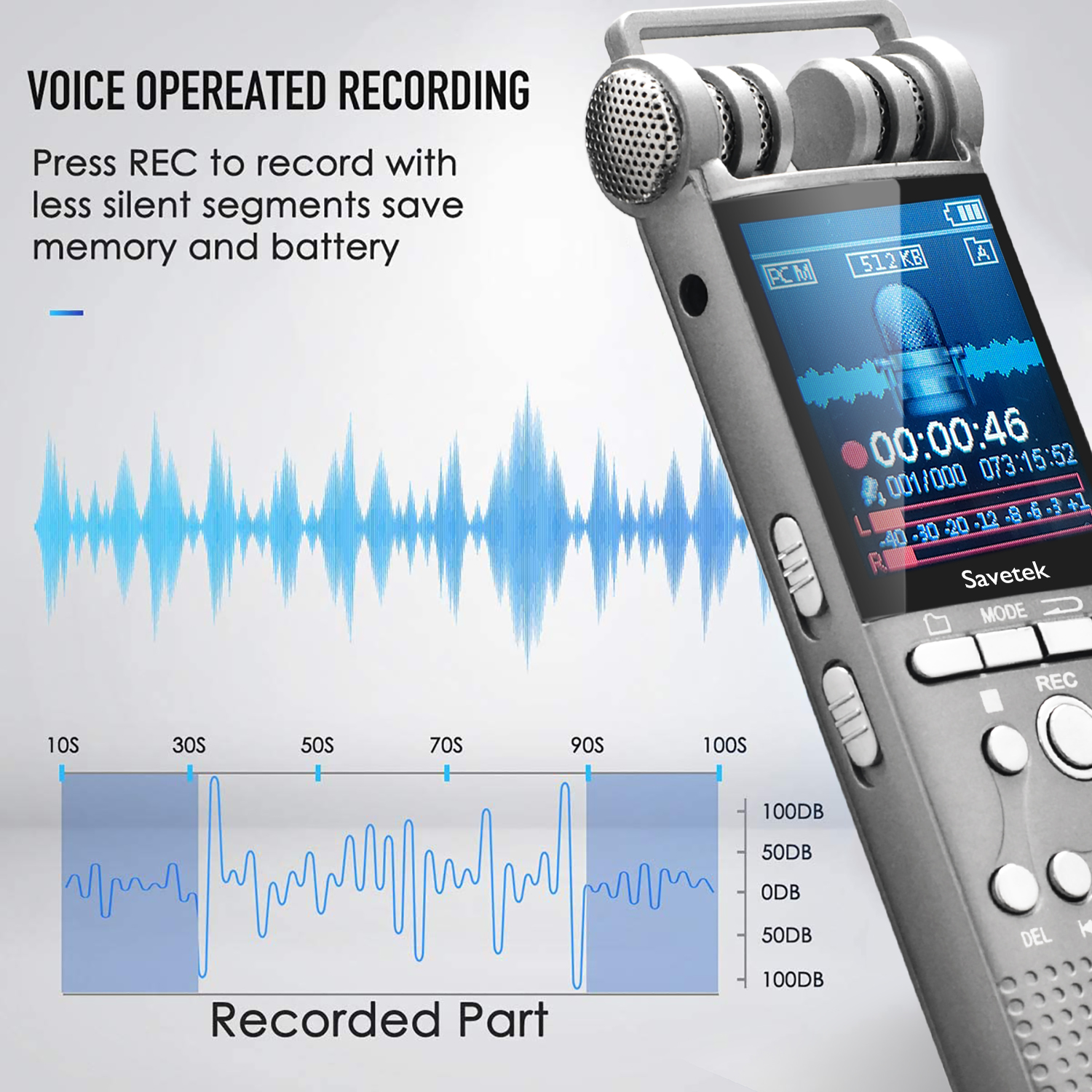 Savetek Digital Voice Activated Audio Recorder 8GB 16GB USB Pen MP3 Player Recording PCM 1536Kbps DSP Noise Cancel