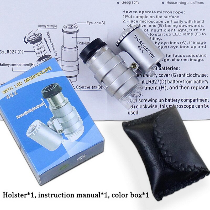 45X Mini Microscoop Juwelier Loep Lens Vergrootglas Glas 3 Led Met Uv Licht Draagbare