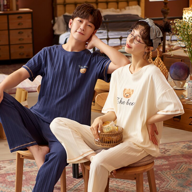 SONG Summer Couple Pajamas Short Sleeves Cotton Trousers Korean Style Simple Print Sweet Student Home Wear Pyjamas