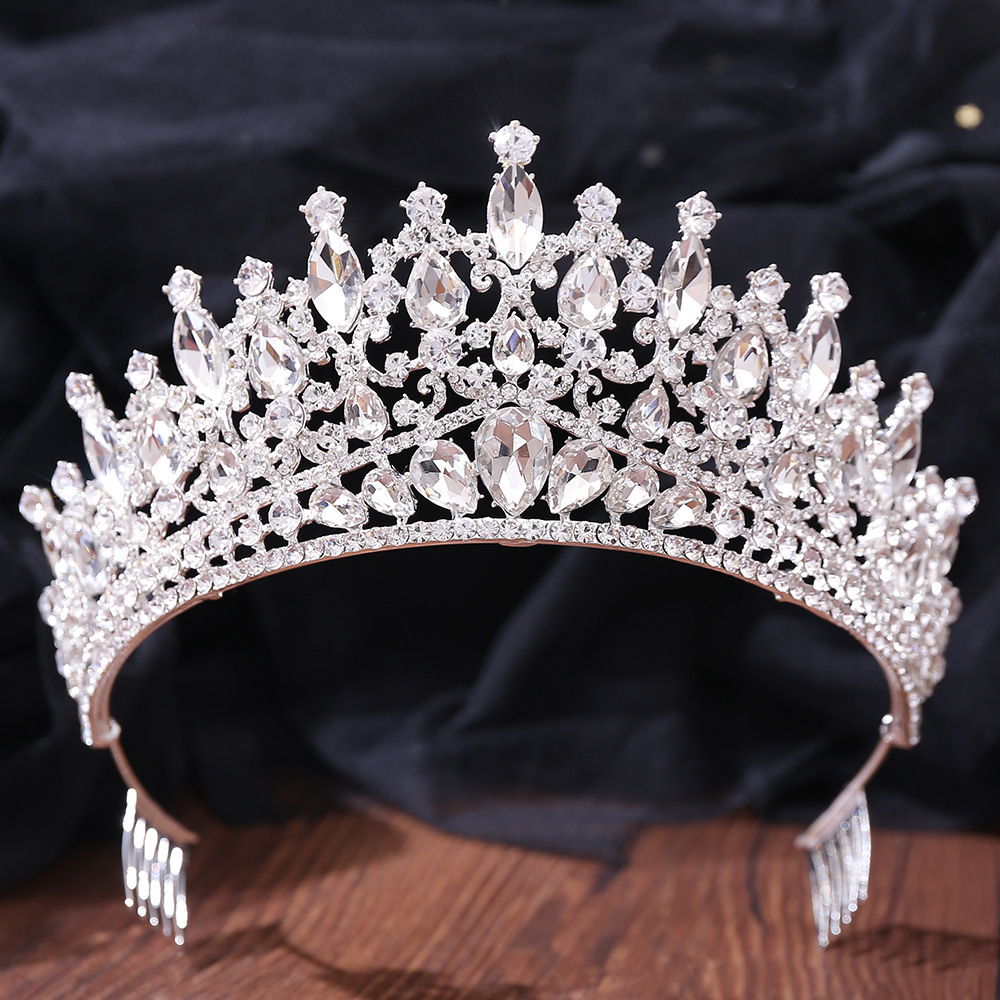 Barokke blauwgroene opaal bruiloft kroon met kam kristal koninklijke koningin bruids tiara's grote strass optocht diadeem hoofdaccessoires: Puur Goud Kleur