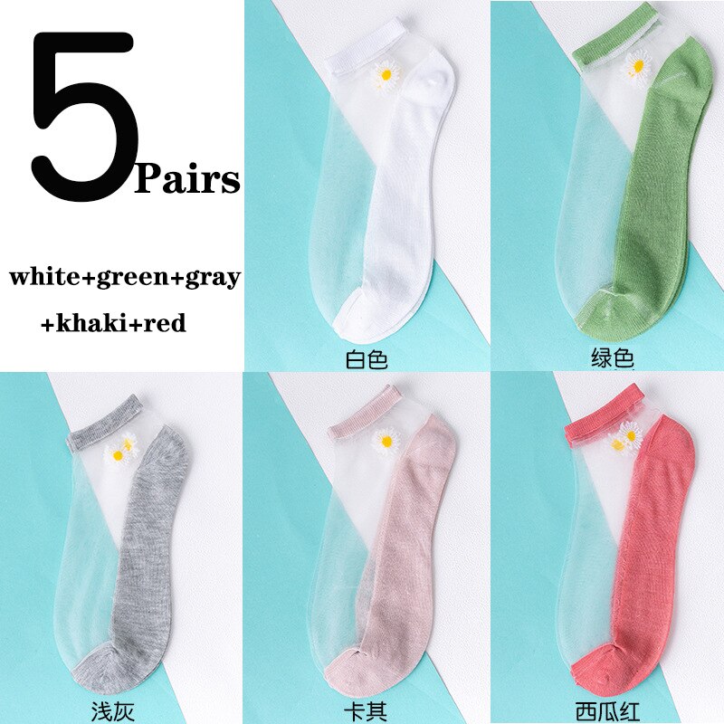 5 par/parti damesokker til sommer ultratynde gennemsigtige silkestrømper af glasfiber daisy flower japan ankelsokker: Parti 6