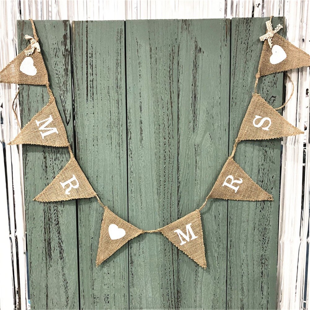 Mr Mrs Wedding Photo Props Banners Jute Bunting Marry Rustic Garland Flag Party Wedding Decoration Burlap bunting: 8pcs mr heart