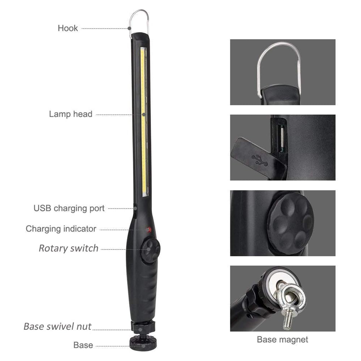 Geleide Waterdichte Werklicht Power Zaklamp Met Magneet Oplaadbare Draagbare Camping 360°Rotatie Base Helder Werklicht Usb Nieuw