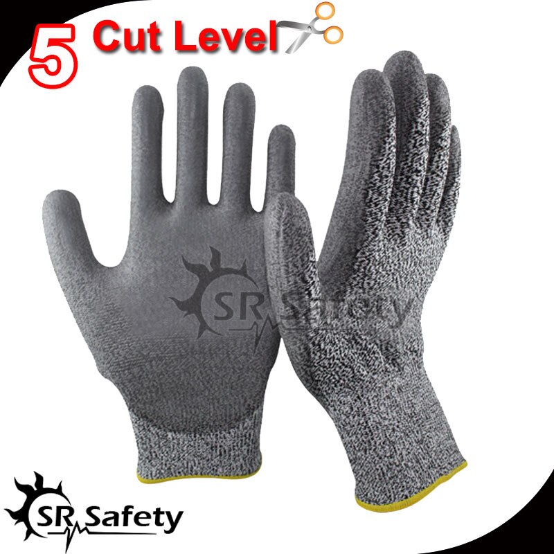 Srsafety 6 paar anti-snij pu-handschoenen, snijbestendige handschoen, snijniveau 5