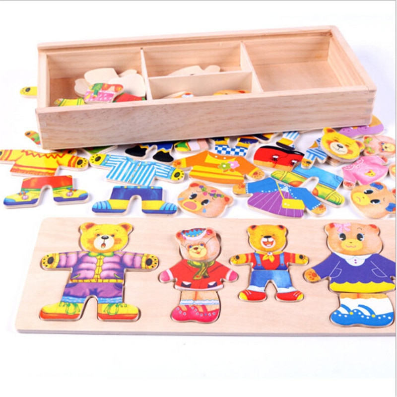 Kids Kinderen Houten Speelgoed Houten Puzzel Set Baby Educatief Speelgoed Beer Omkleden Puzzels