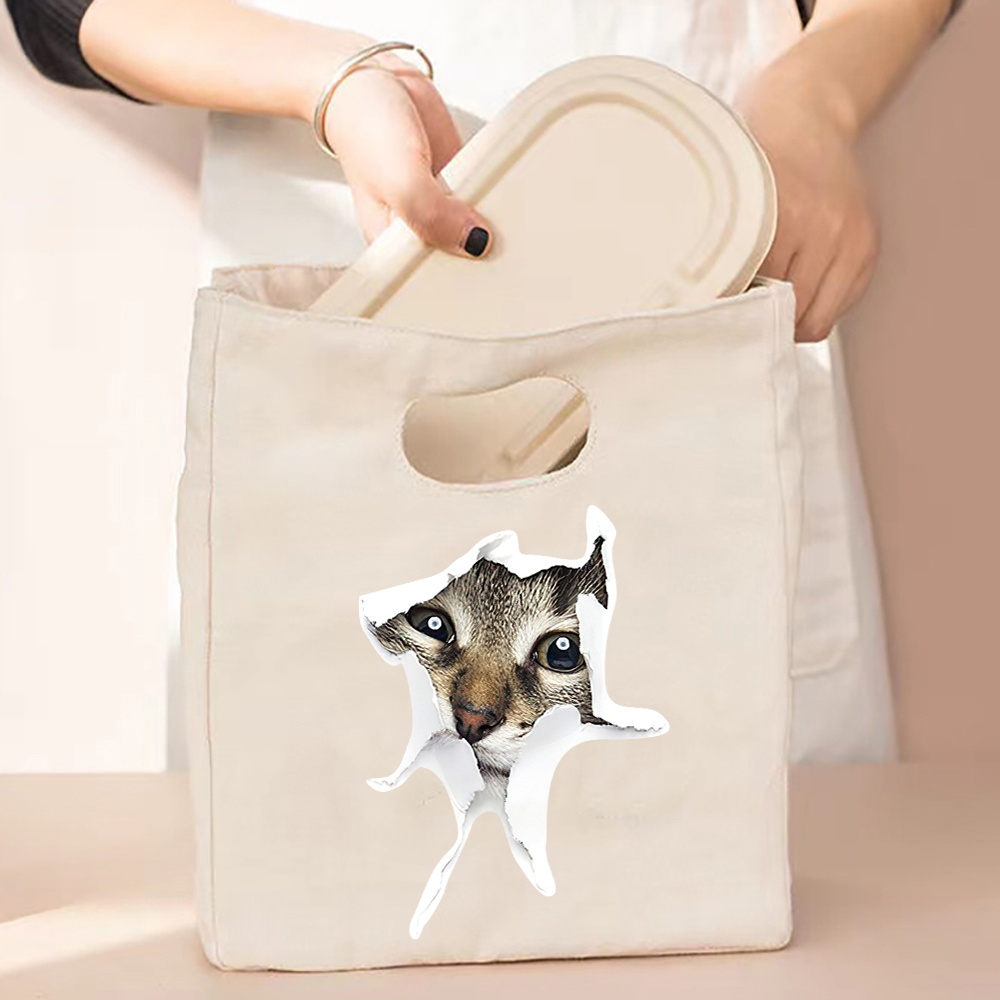 Gecontracteerde Stijl Geïsoleerde Lunch Tas, Duurzaam Bento Pouch, Thermische Lunch Box, Cooler Tassen, kat Print Lunch Container Bag