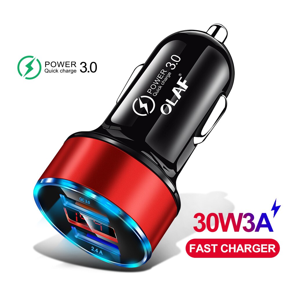 Olaf qc 3.0 usb carregador de carro para samsung a50 s9 carga rápida 3.0 30w 3a carga rápida carregador de carro 2 porta usb carregadores do telefone móvel: Red Car Charger