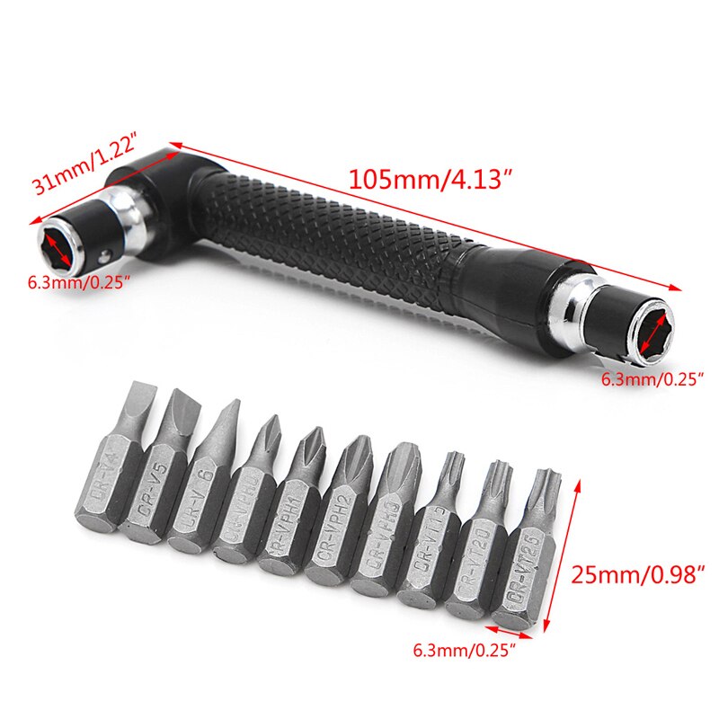 10 in 1 vinkel dubbelt huvud l-formad mini hylsnyckel 1/4 " 6.35mm hylsor skruvmejsel bits nyckel verktyg verktyg skruvmejsel bits borrmaskin
