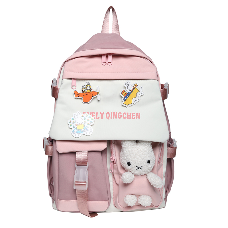 Patchwork Girls Backpacks Preppy Style Large Capacity for Teenagers Waterproof School Bags Shoulder Bags: Pink / Without Toy