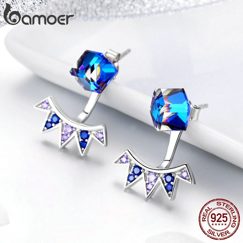BAMOER Authentieke 925 Sterling Silver Blue Vierkante Geometrische Prachtige Stud Oorbellen Vrouwen Vintage Zilveren Sieraden SCE544