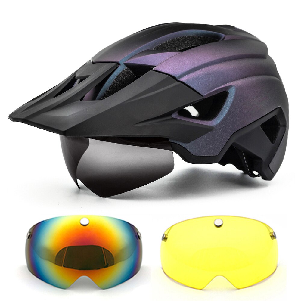 Mtb Helm Fietsen Mannen Vrouwen Rijden Met Achterlicht En Zonneklep Goggles Xc Weg Mountainbike Helmen Met Lens casco Ciclismo: Aurora Violet-2