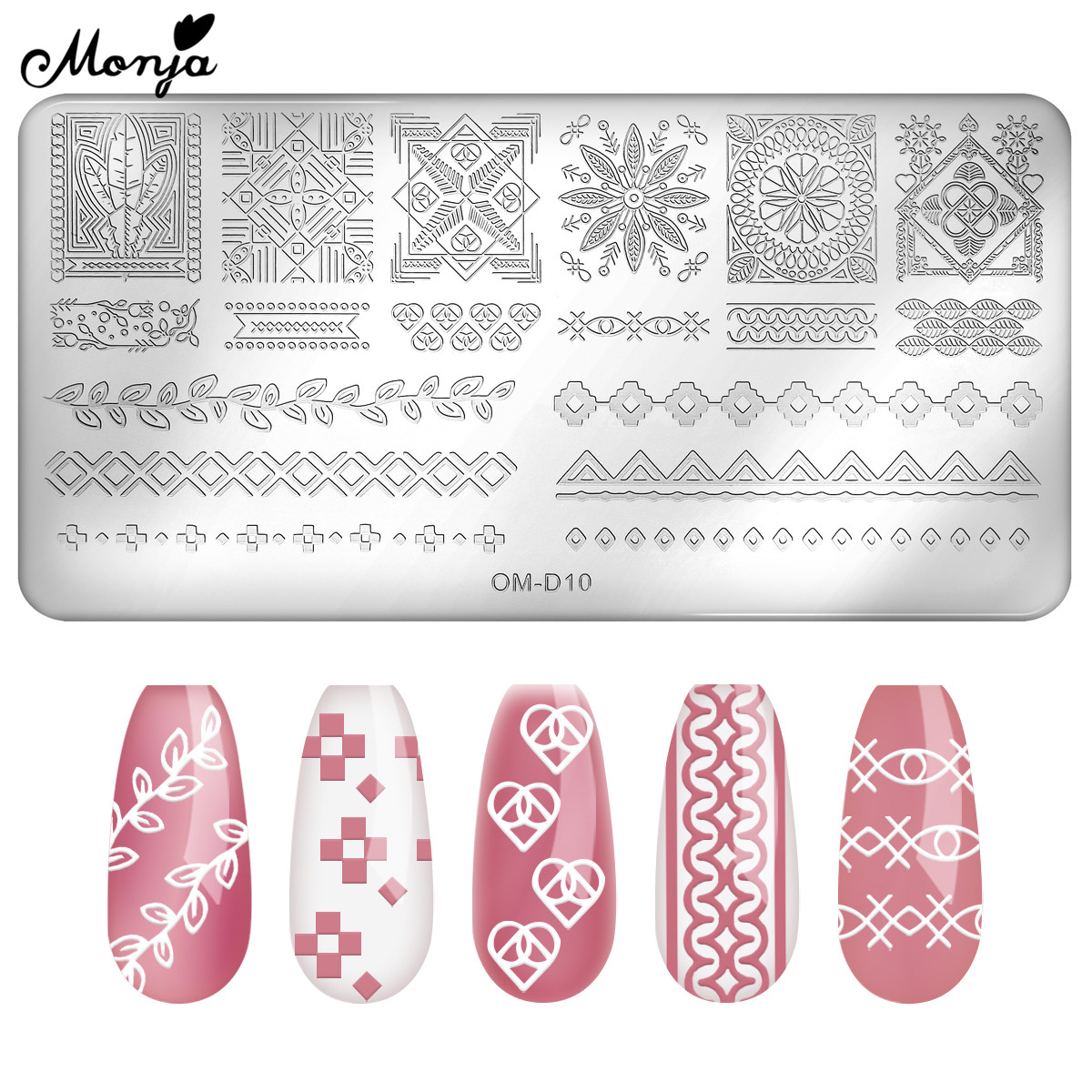 Monja 10 Stile Nagel Kunst Vorlagen Blume Ebene Streifen Geometrische aufbringen Stanzen Platten Druck Schablone DIY Manikübetreffend Werkzeug: SKU005002-OMD10