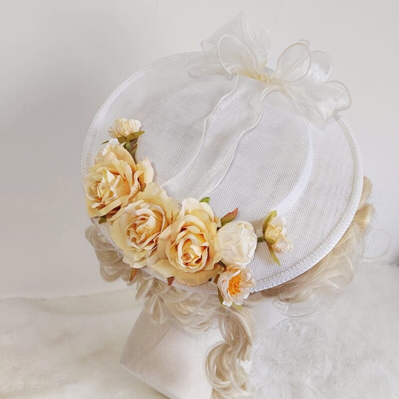 066C Exquisite Lolita Hat Flat Top Hat with Light Yellow Flowers All-match Bonnet Hat for Afternoon Pastoral Party Tea Party