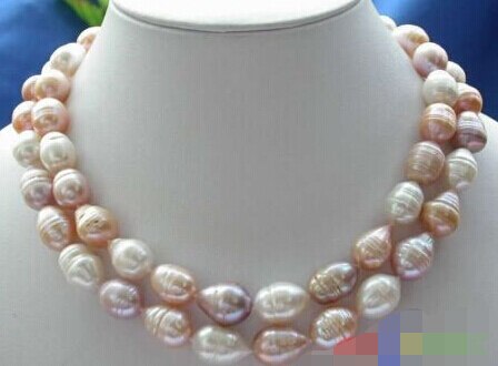 >>@ 1654 2ROW 12~15MM WHITE PINK PURPLE DRIP FRESHWATER PEARL NECKLACE