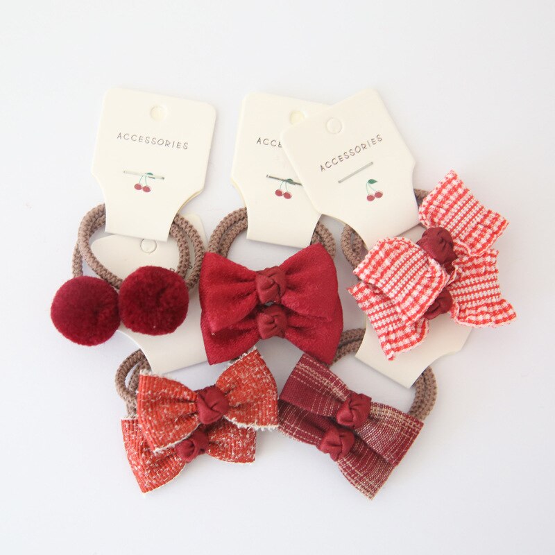 10Pcs/Lot Sweet Hair Band Girls Hair Ties Bows Elastic Rubber Band Flower Small Ball Scrunchies Baby Kids Hair Accessories: red set