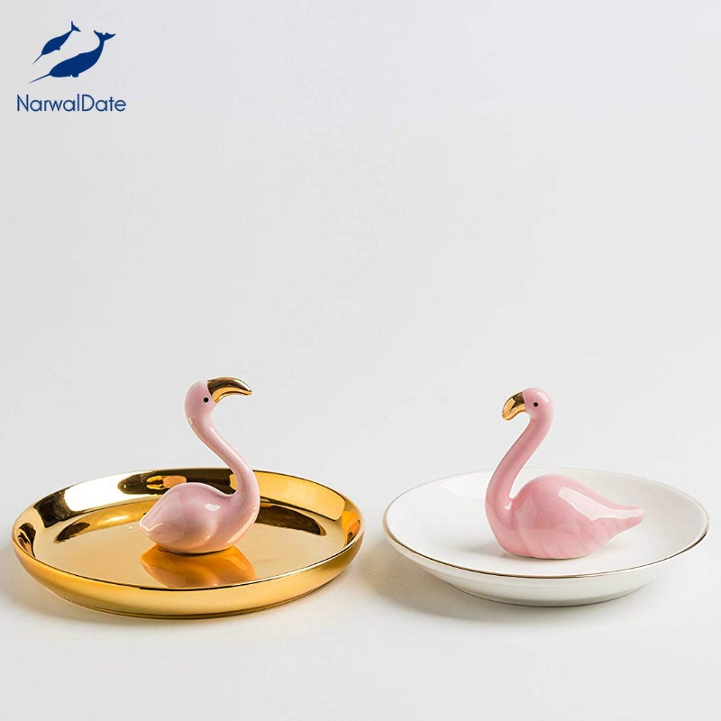 Narwaldate forgyldt keramisk flamingo ring smykkeholder fadorganisator display øreringe armbånd nøgle halskæde badeværelsesvask organiser