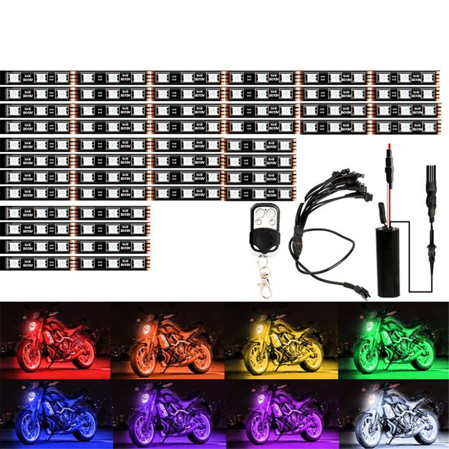12 in 1 Motorcycle 5050 SMD RGB LED Ambient Light DC 12V Under Glow Strip Light Kit Remote Control 15 colors