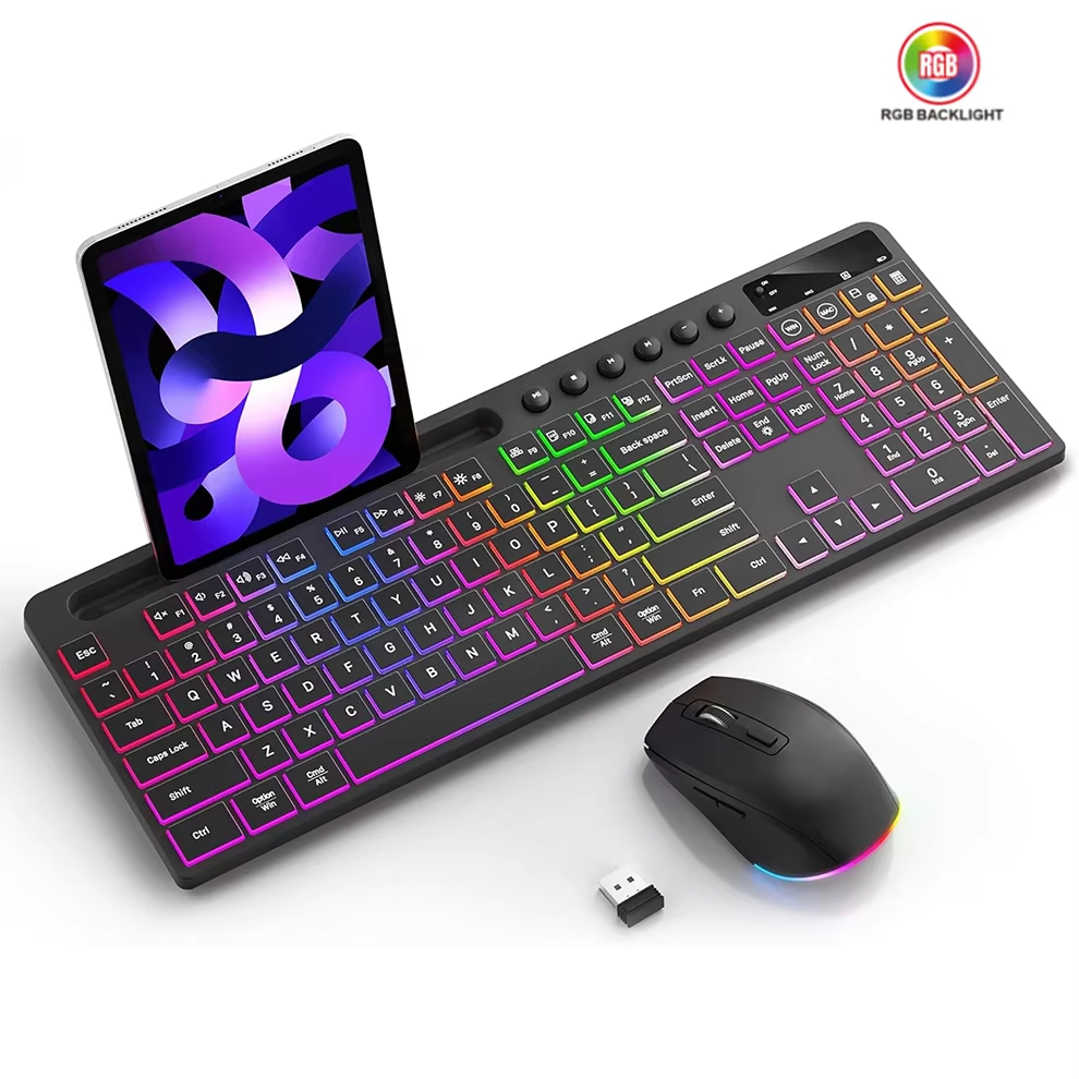 Draadloos toetsenbord en muiscombinatie met achtergrondverlichting Ergonomisch toetsenbord van volledige grootte met telefoontablethouder 2.4G-muis voor pc-laptop