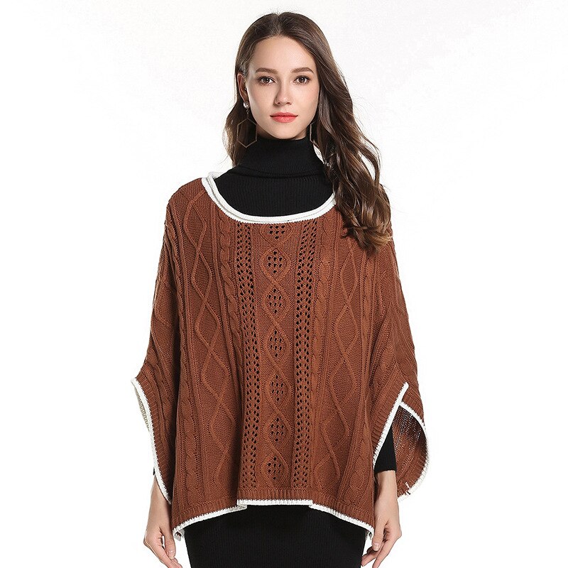 Mulheres Outono Wiinter Poncho Cloak Camisolas Solto Meia Manga Capa de Malha Escavar Pullovers Feminino Elegante Sólida Casaco Quente: Camel