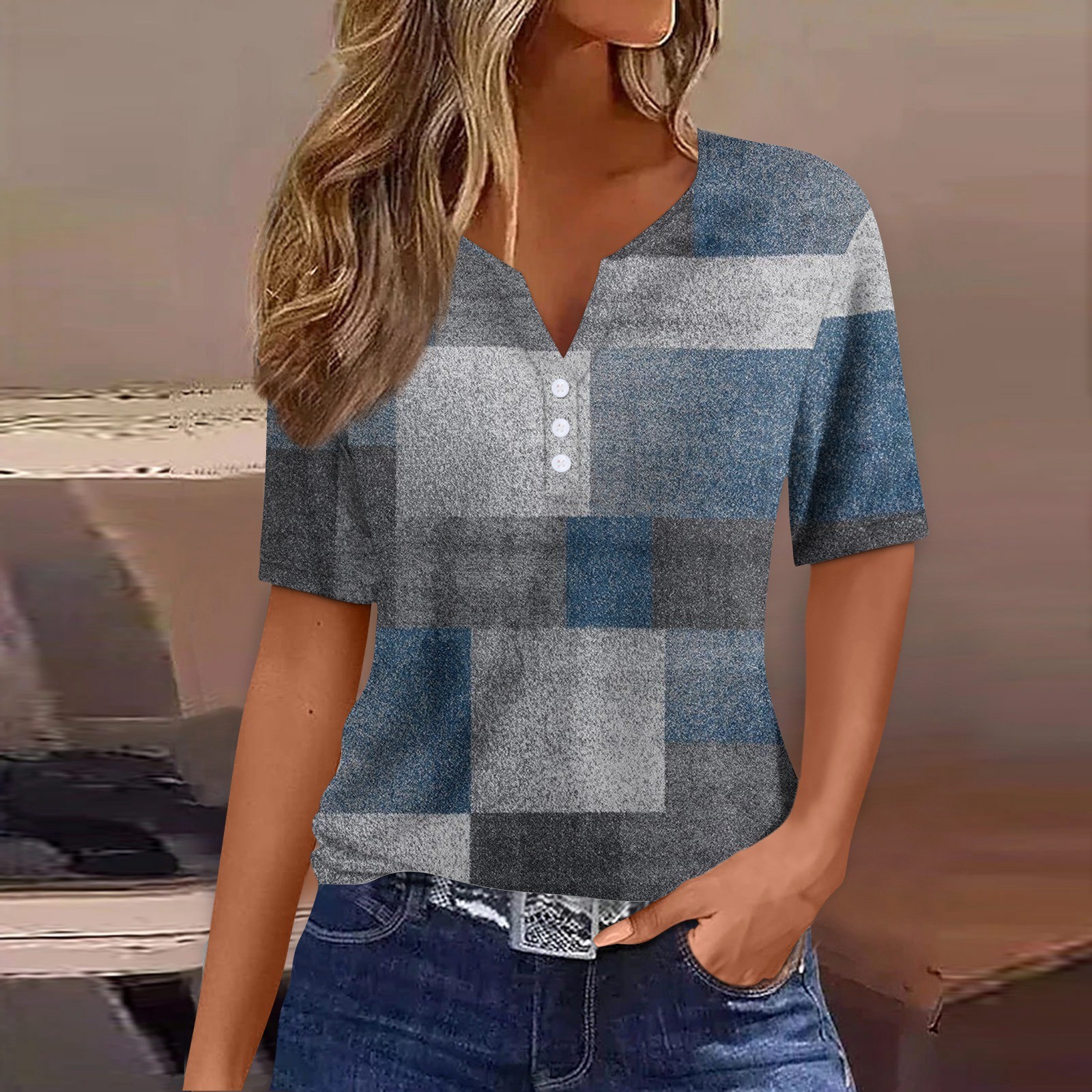 T-shirt à col en V pour femmes, haut décontracté, imprimé rayé, streetwear, t-shirts pour femmes, vêtements d'été,