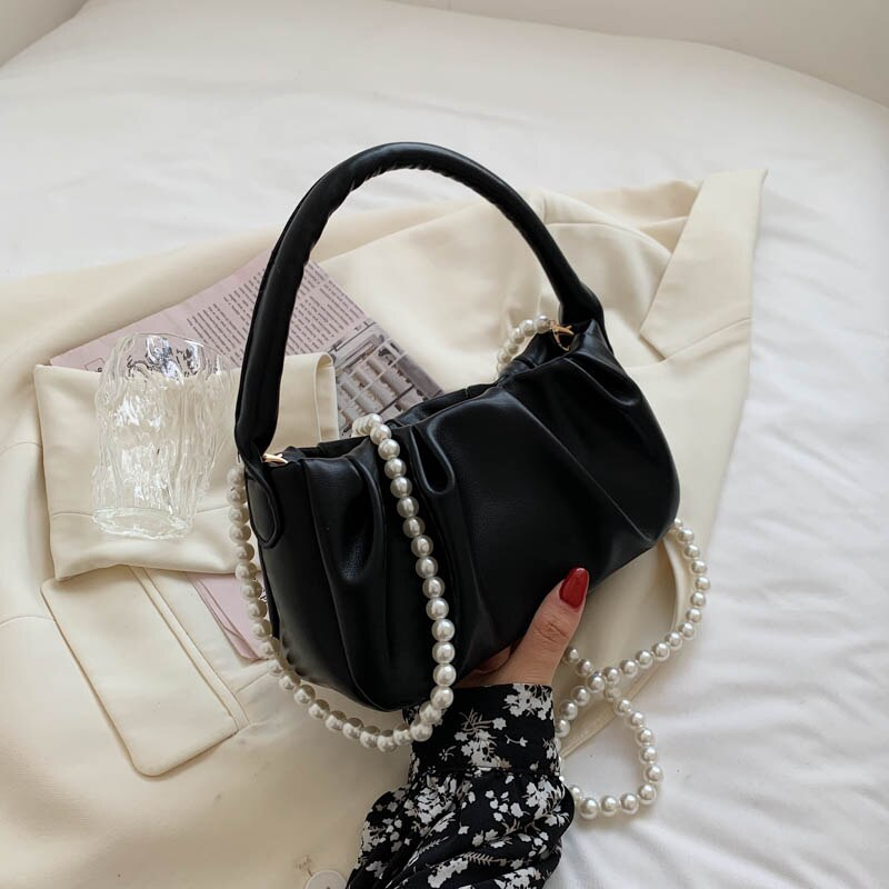 Soft Leather Crossbody Bags for Women Simple Ladies Brand Trend Beading Chain Shoulder Handbags and Purses Female Tote: Black