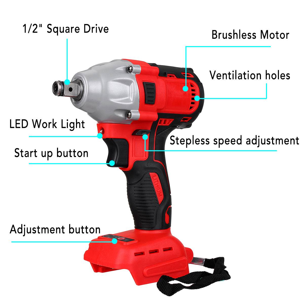18V 520N.m Cordless Electric Impact Wrench Motor 1/2" Square Brushless Rechargeable Wrench LED Light For Makita Battery