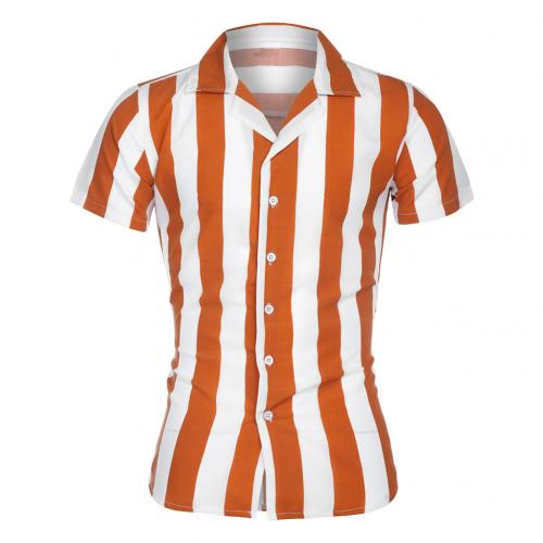 Casual heren turn down kraag korte mouw verticale strepen knoop slim overhemd casual overhemd makkelijk te combineren perfect: Oranje / Xxl