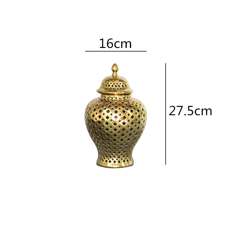 White Ceramic Ginger Jar Hollow Storage Jars with Lid Retro Universal Tank Ceramic Vase Handicraft Storage Ornaments Home Decor: Golden-S