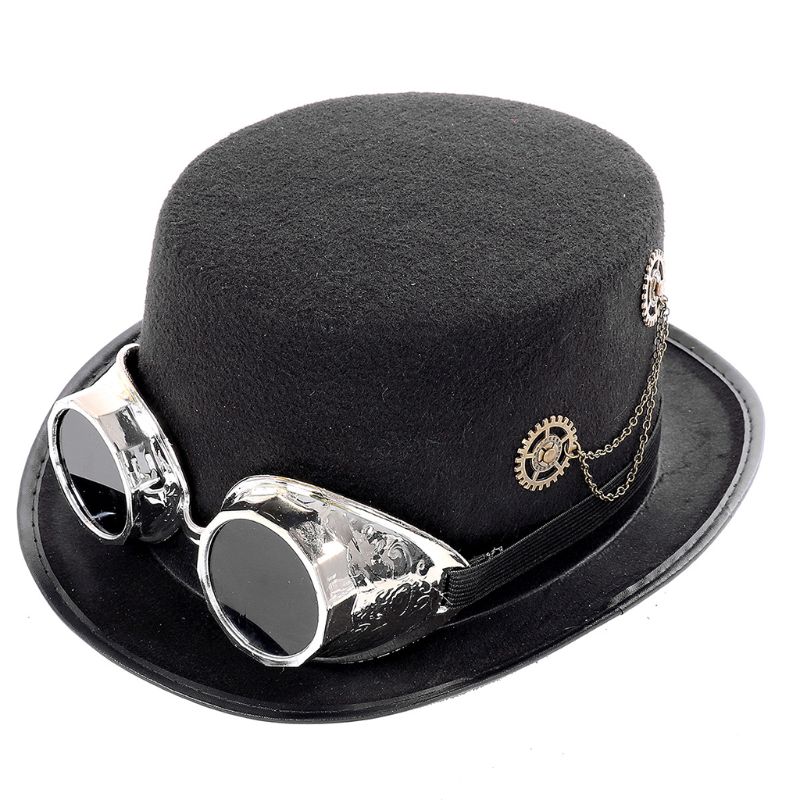 Unisex Heavy Metal Music Festival Top Hat Carnival Retro Gothic Steampunk Cosplay Black Jazz Cap with Crow Decorative Glasses