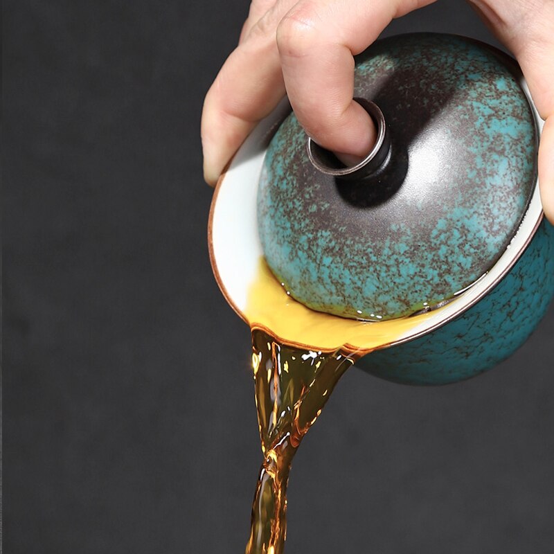 Retro Craft Pottery Tea Set Gaiwan Handmade Tureen Cup with Saucer Lid Bowl Cover Set Supplies Ceramics Tea Set Decoration